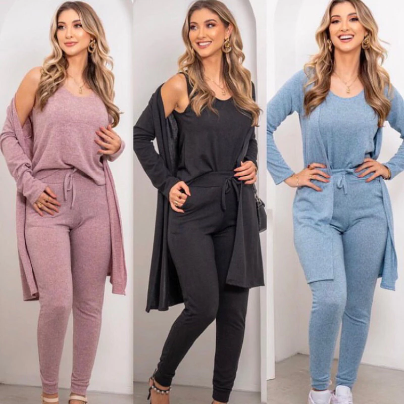Conjunto Feminino Lãnzinha 3 peças Regata, Cardigã e Calça jogger com Bolso - ID M0005
