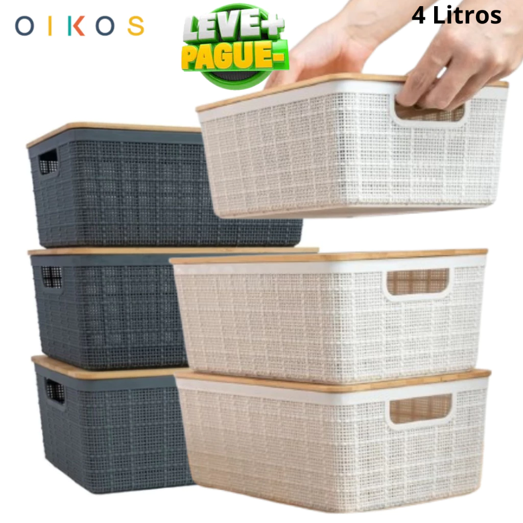 Kit Cestos Organizadores 4L Com Tampa de Bambu Oikos Empilhável Multiuso Branca/Cinza Cestas Caixa ID M0011