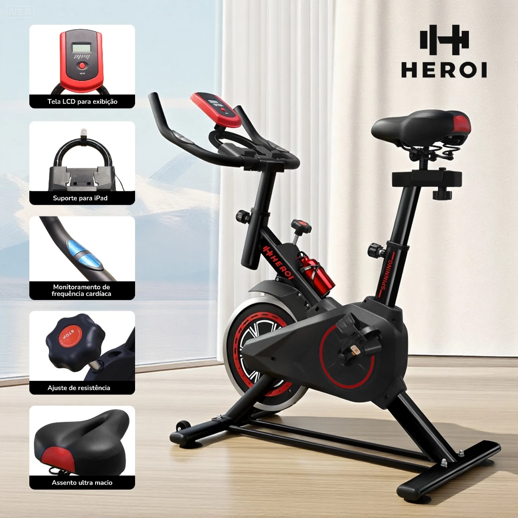 HEROI Bicicleta Ergométrica Spinning, Volante 4kg, LCD, Resistência Ajustável - Preta/Vermelha - ID M0010